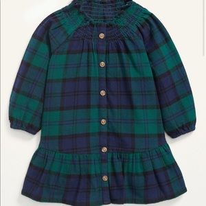 Green plaid smocked neck dress